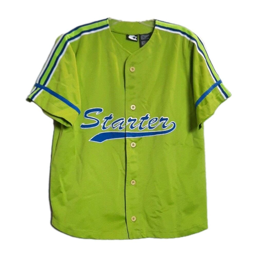 VTG 90s Starter Baseball Jersey Lime Green Neon Mesh Button Up Youth Sz L 14/16